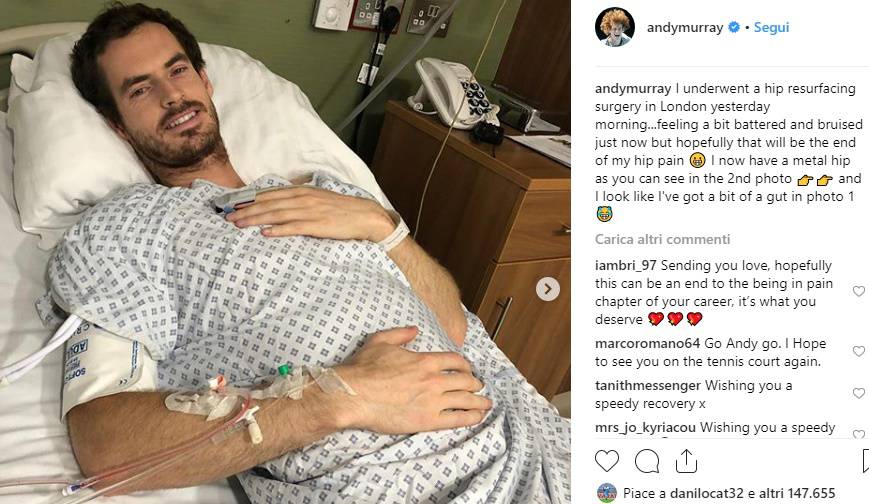 Andy Murray dopo l'operazione all'anca su Instagram