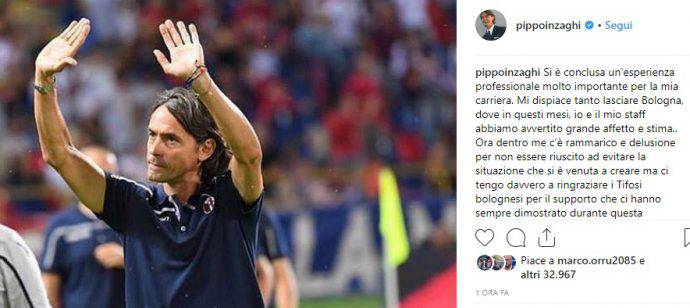 Pippo Inzaghi saluta Bologna via social